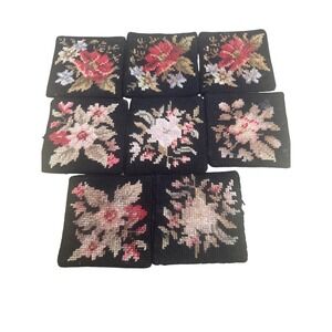 Vintage CF Floral Needlepoint Coasters Black Square Botanical Set of 8
